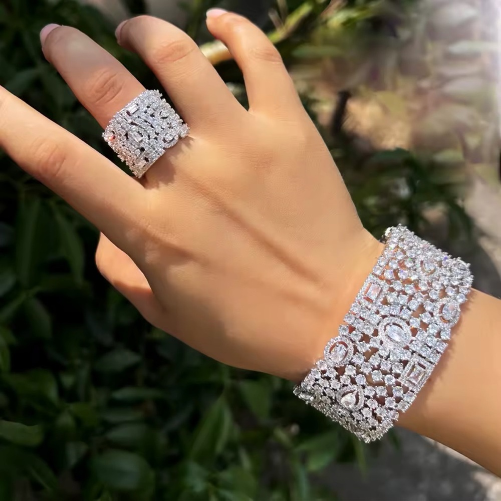 Luxury Cubic Zirconia Cuff Bracelet & Ring Set – Silver Tone - Picture 7 of 17